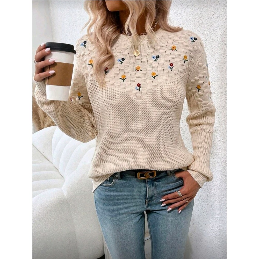 Cream Embroidered Floral Long Sleeve Knit Sweater Women's Casual Cozy